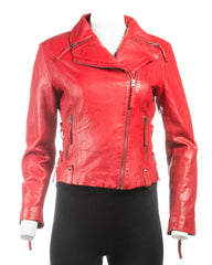 Ladies Red Stud Detail Slim Fit Biker Style Leather Jacket