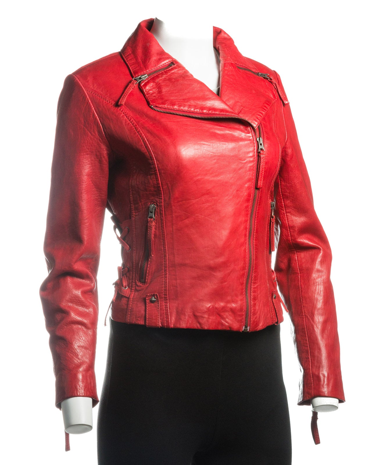 Ladies Red Stud Detail Slim Fit Biker Style Leather Jacket