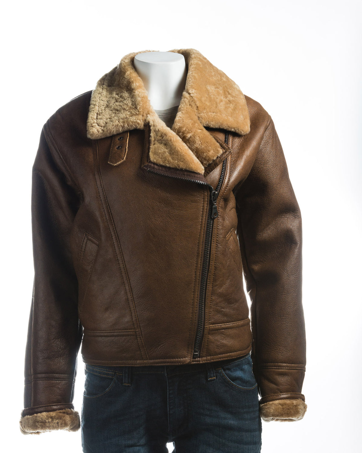 Ladies Tan Asymmetric Zip Sheepskin Flight Jacket