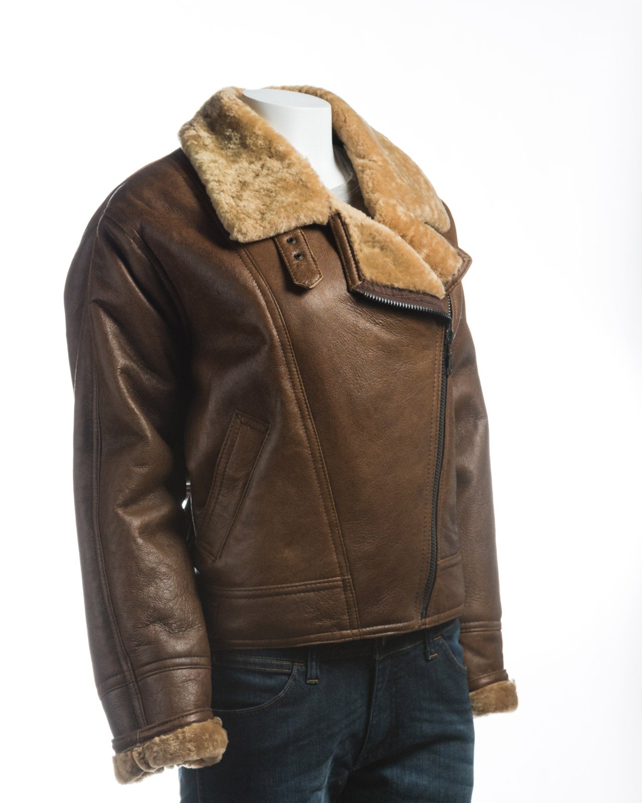 Ladies Tan Asymmetric Zip Sheepskin Flight Jacket