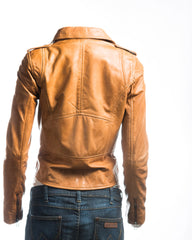 Ladies Tan Short And Simple Asymmetric Biker Style Leather Jacket