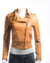 Ladies Tan Short And Simple Asymmetric Biker Style Leather Jacket