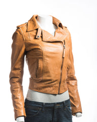 Ladies Tan Short And Simple Asymmetric Biker Style Leather Jacket