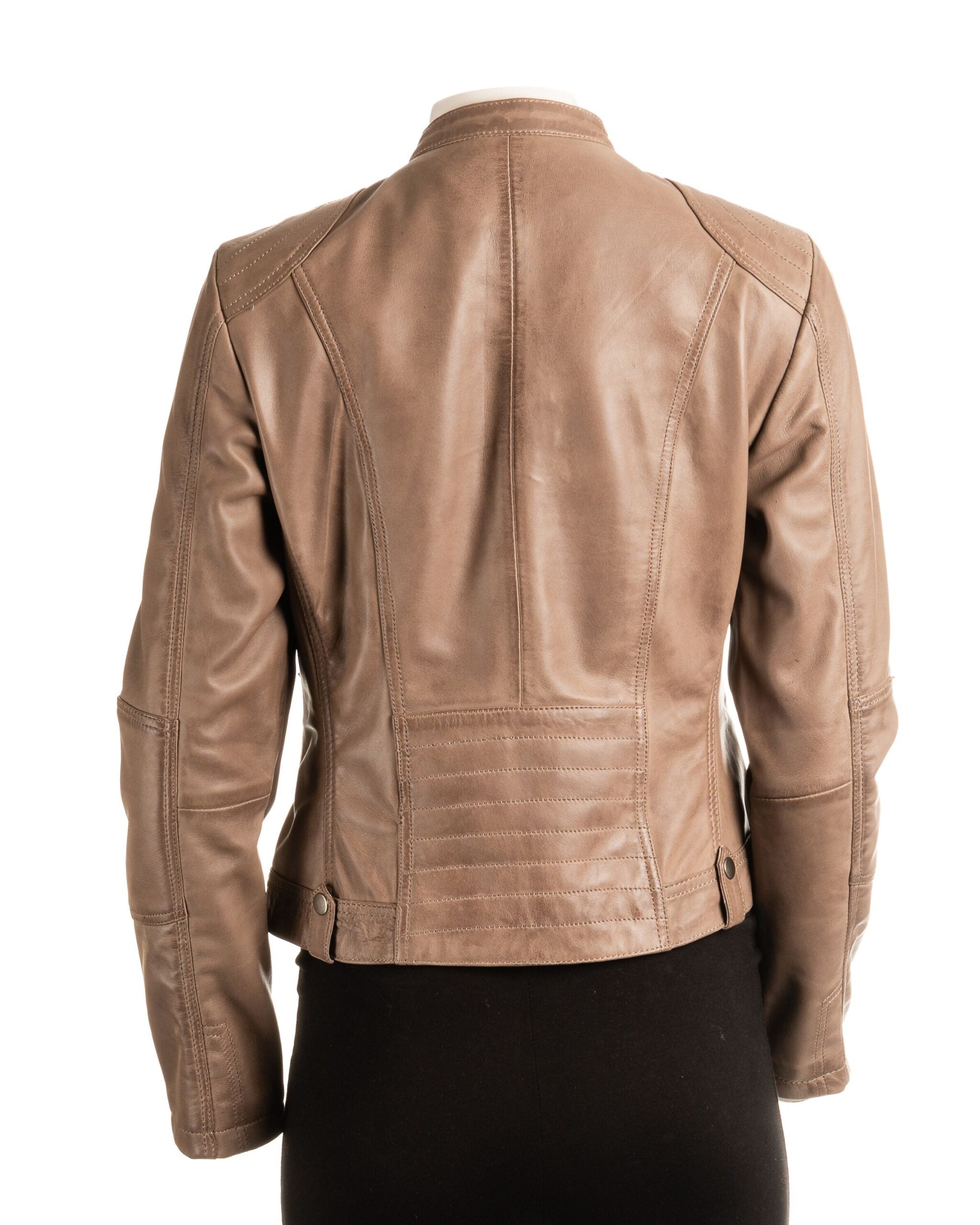 Ladies Taupe Biker Style Leather Jacket