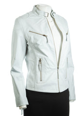 Ladies White Slim Fit Biker Style Leather Jacket