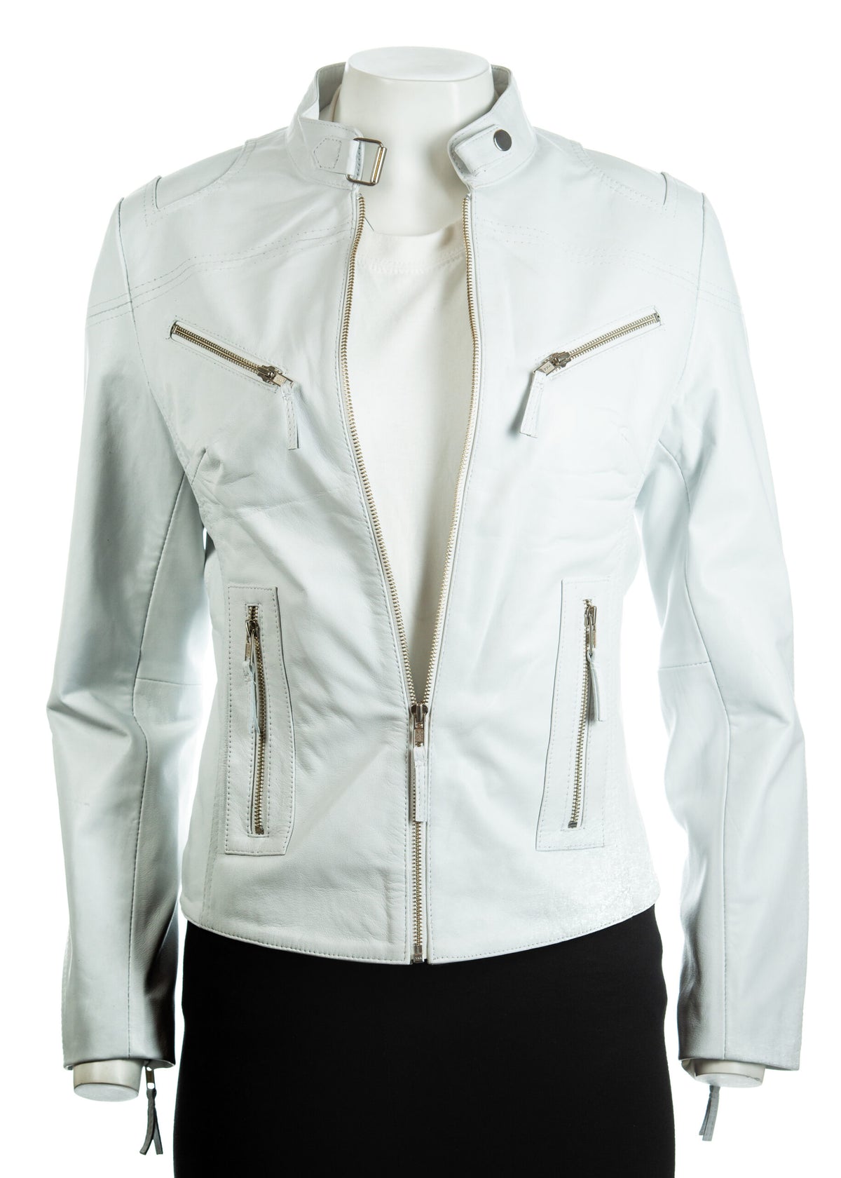 Ladies White Slim Fit Biker Style Leather Jacket