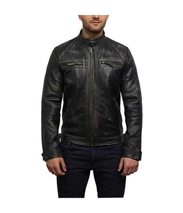 Men's Quilted Distressed Biker Leather Jacket