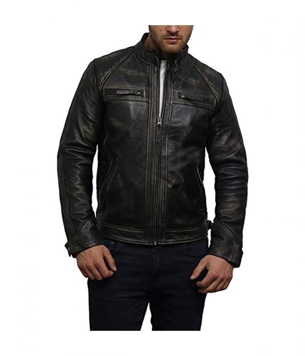 Men's Quilted Distressed Biker Leather Jacket