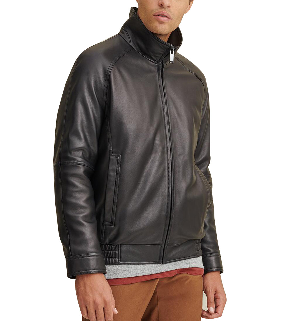 Lined Black Leather Bomber