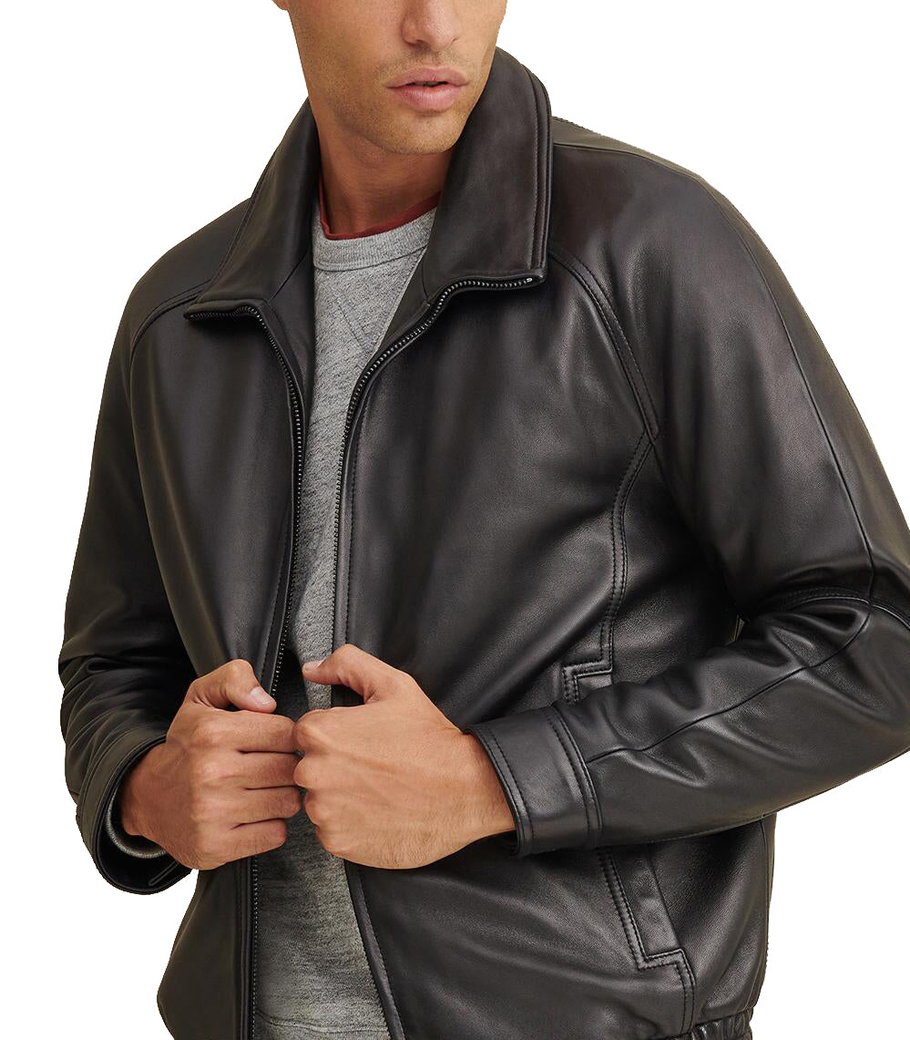 Lined Black Leather Bomber