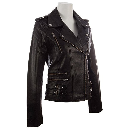 MDK Women's Black Real Leather Multi-Zip Biker Jacket 
