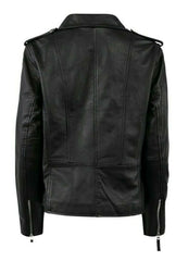 MDK Women's Black Real Leather Multi-Zip Fashion Biker Jacket (AGSM)
