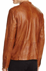 Slim Fit Brown Leather Moto Jacket Men