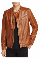 Slim Fit Brown Leather Moto Jacket Men