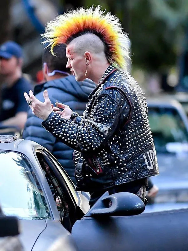 Matt Smith Caught Stealing 2025 Russ Biker Studded Leather Jacket