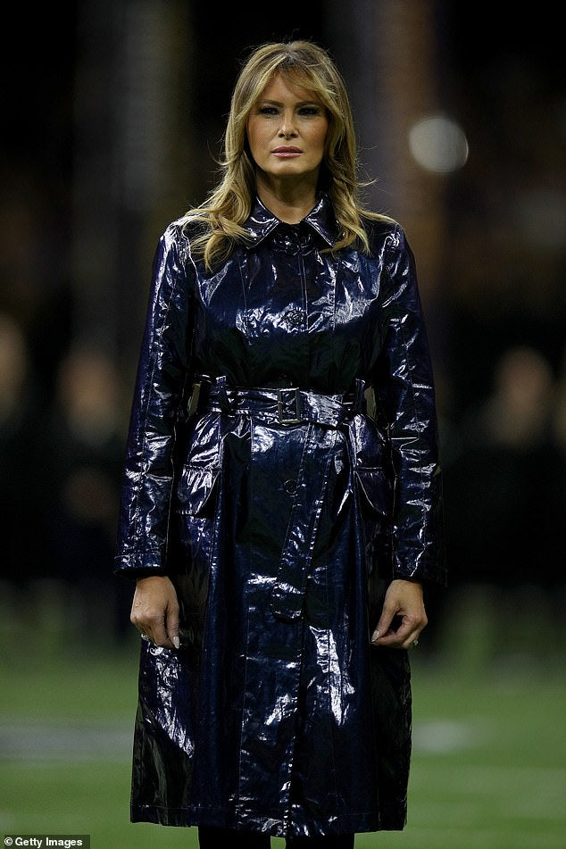 Melania Trump Trench Coat, College Football Playoffs game in New Orleans