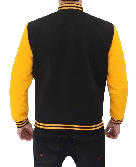 Men's Black and Yellow Wool Varsity Bomber Jacket