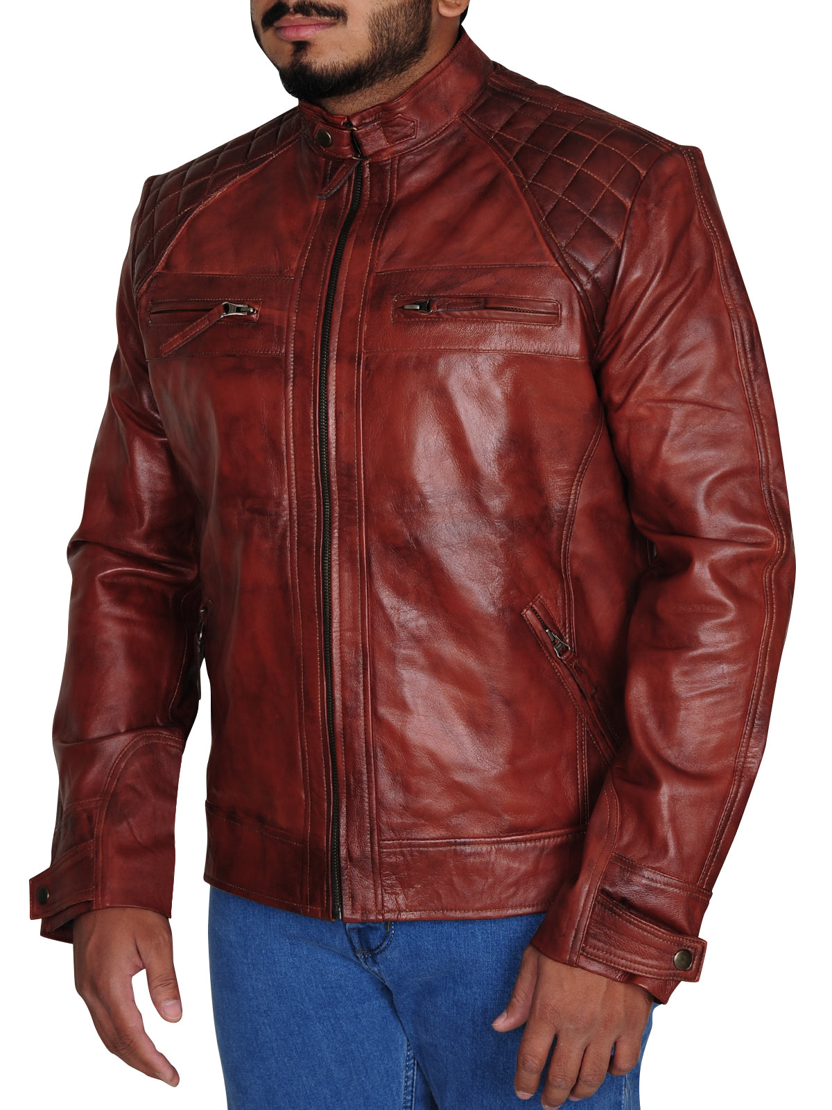 MEN BIKER QUILTED VINTAGE DISTRESSED LEATHER JACKET