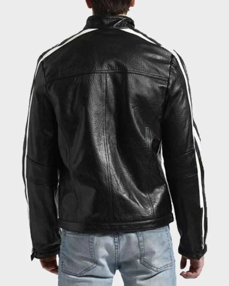 Men White Motorcycle Stripe Style Leather Jacket