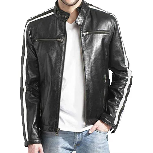 Men White Motorcycle Stripe Style Leather Jacket