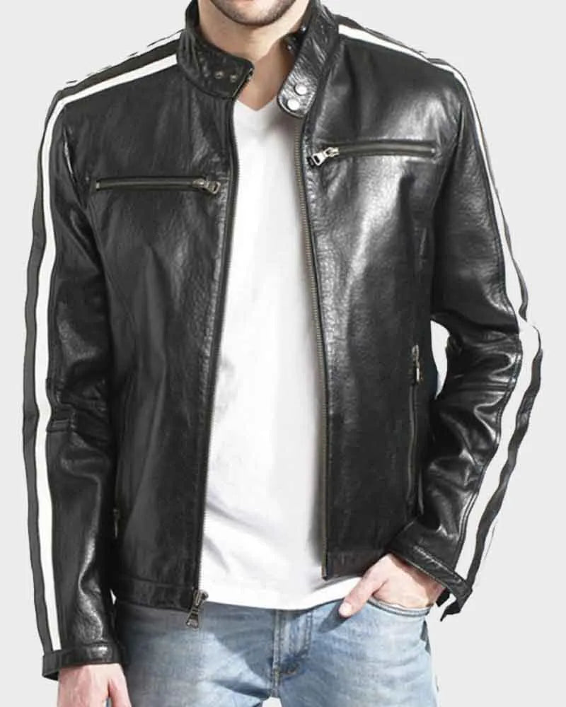 Men White Motorcycle Stripe Style Leather Jacket