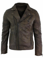 Men's Slim Fit Cross Zip Retro Vintage Brando Leather Jacket