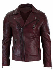 Men's Slim Fit Cross Zip Retro Vintage Brando Leather Jacket