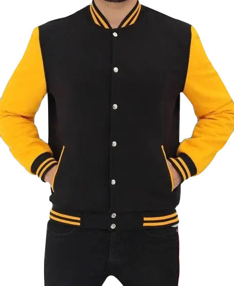 Men's Black and Yellow Wool Varsity Bomber Jacket