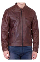 Men Biker Brown Leather Padded Shoulder Jacket