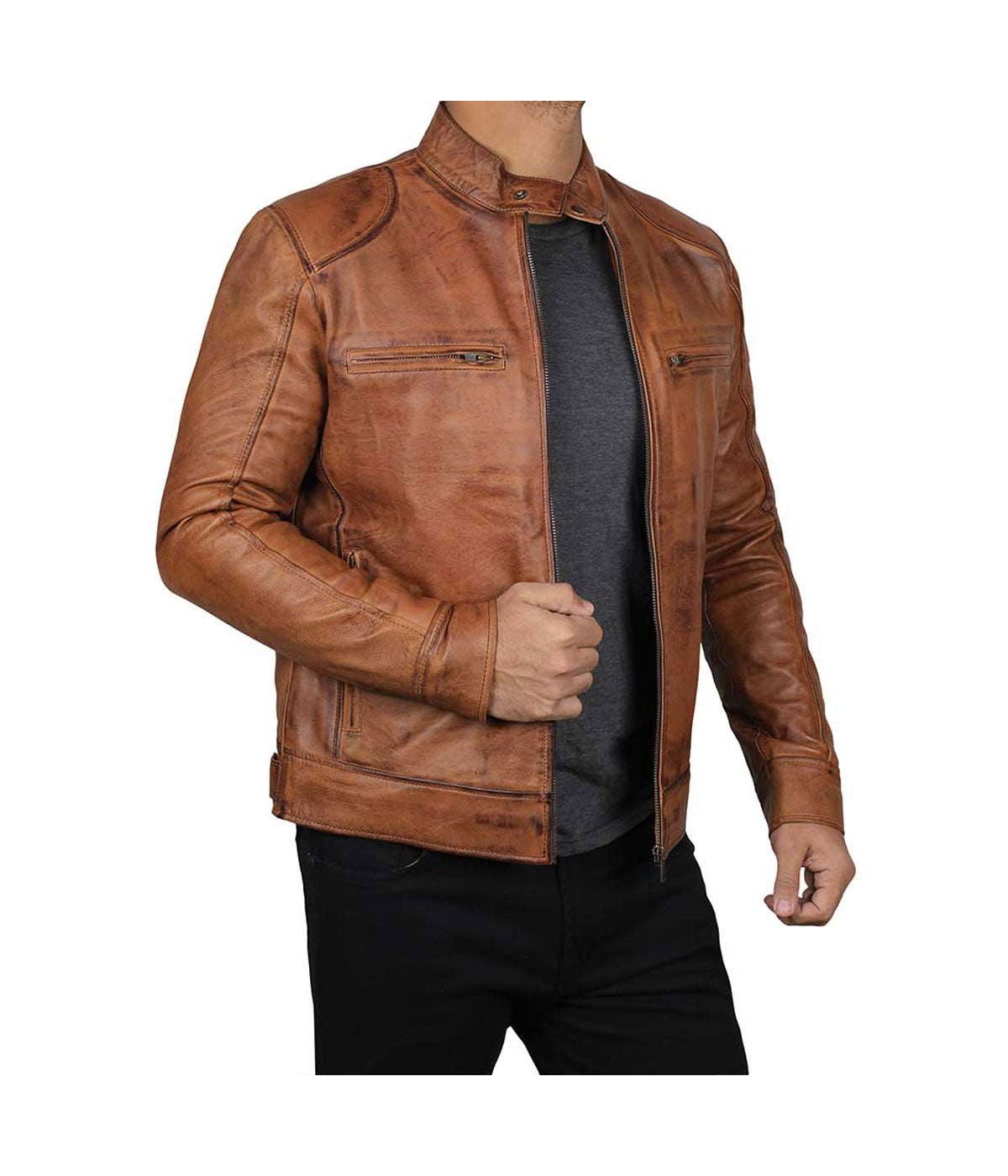 Mens-Cafe-Racer-Brown-Biker-Jacket