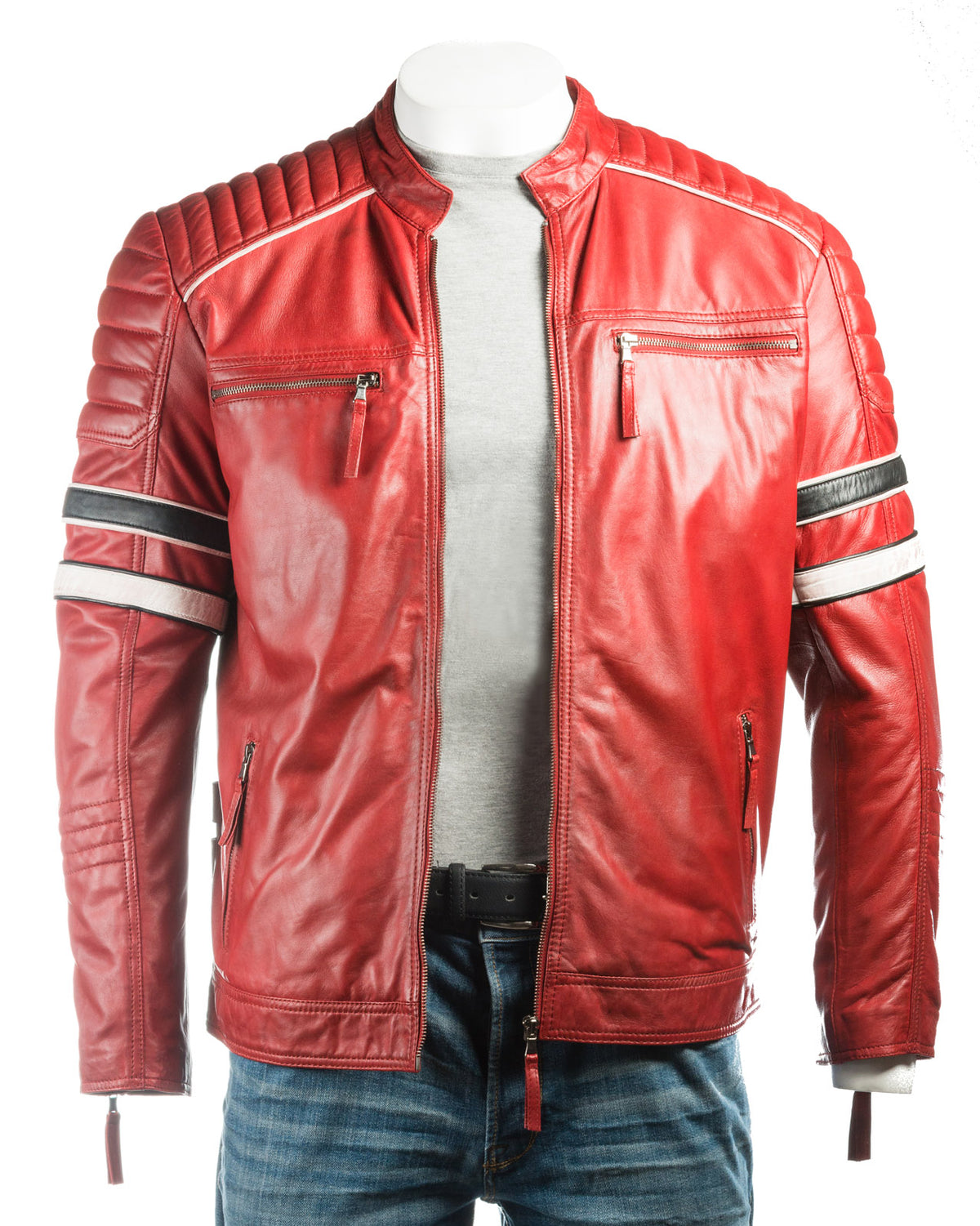 Men's Red Racing Biker Style Leather Jacket