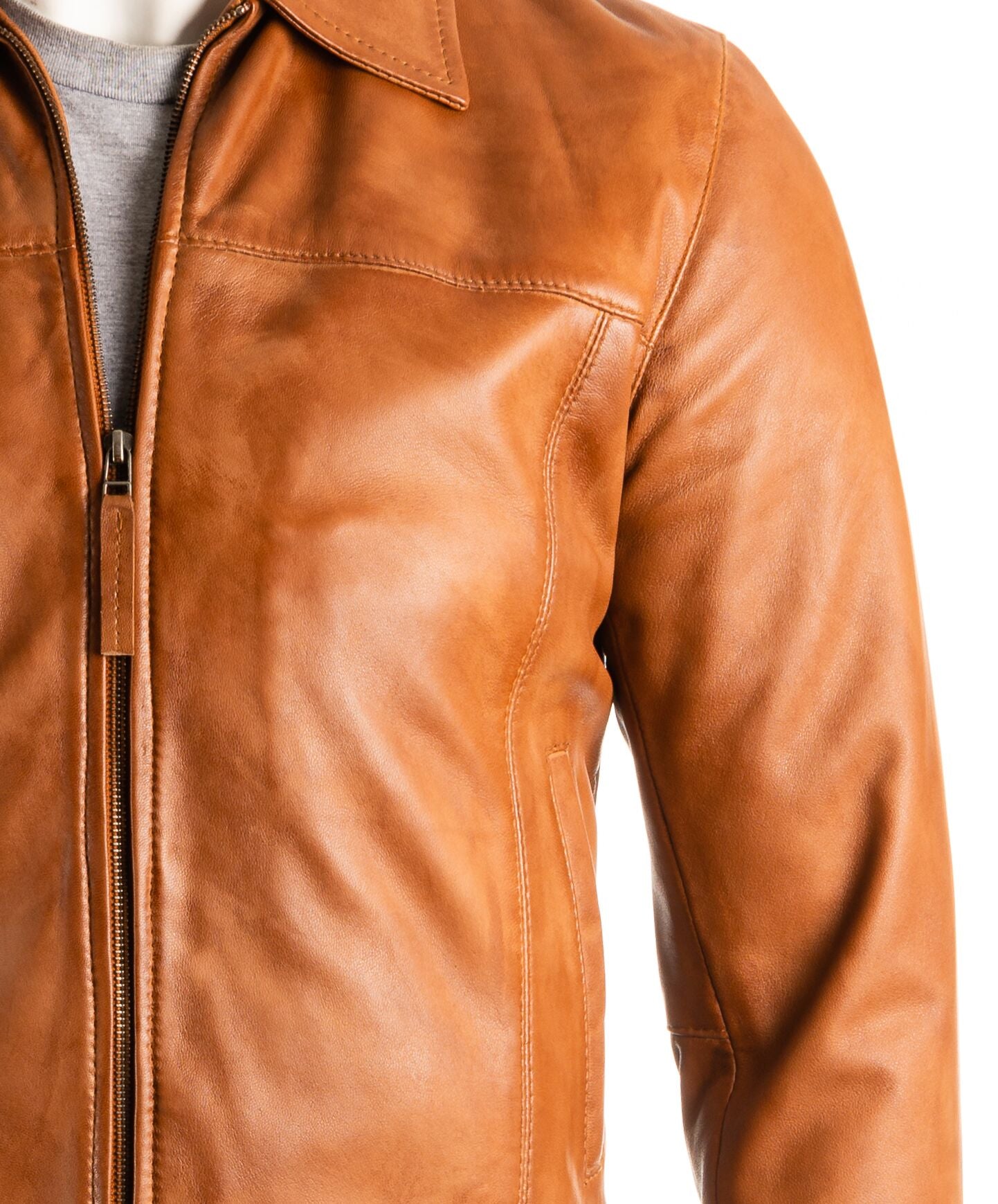 Men's Tan Collared Straightzip Leather Jacket