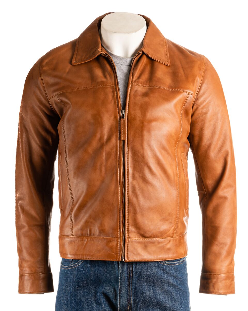 Men's Tan Collared Straightzip Leather Jacket