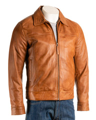 Men's Tan Collared Straightzip Leather Jacket