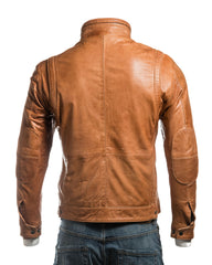 Men's Tan Funnel Neck Leather Jacket