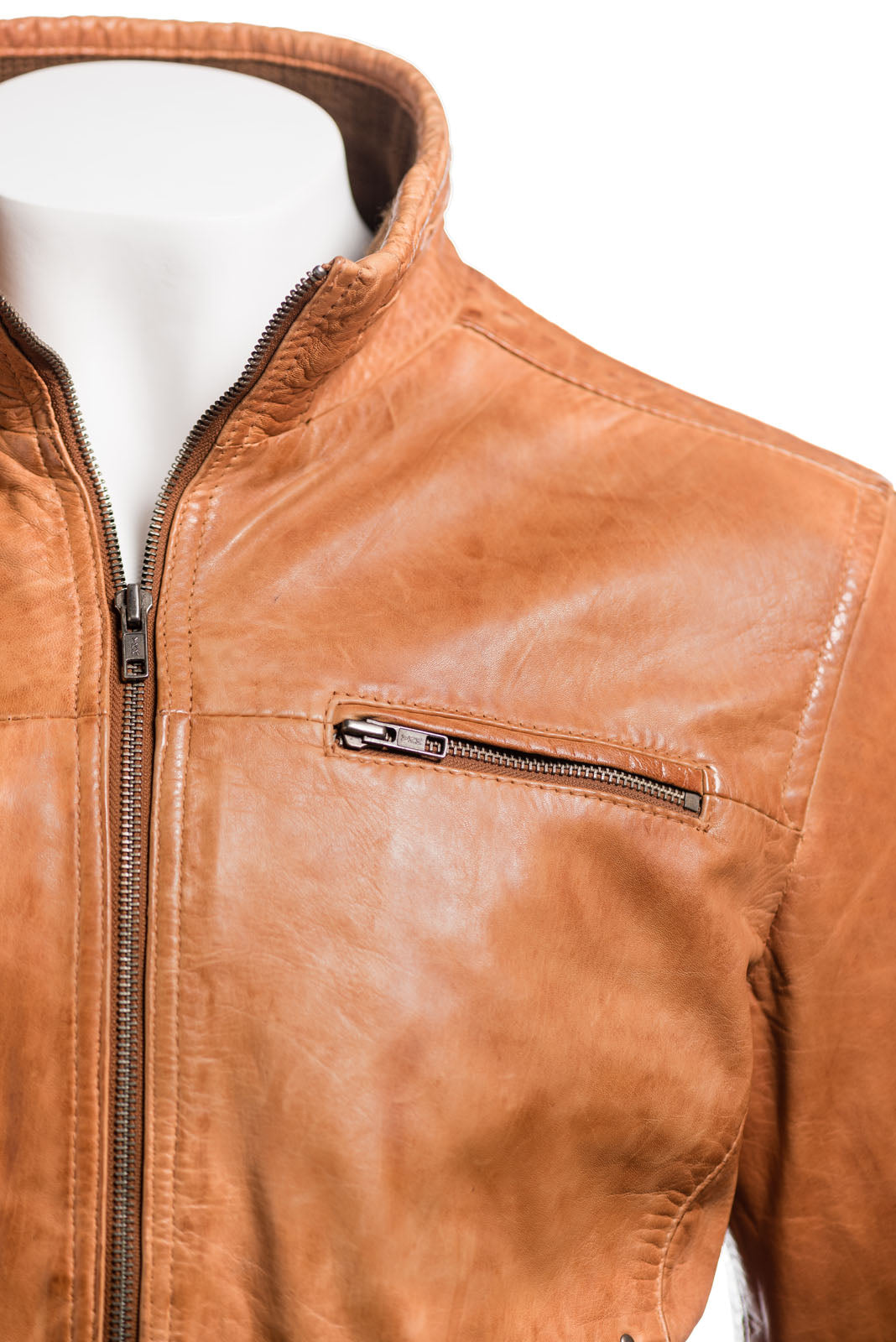 Men's Tan Funnel Neck Leather Jacket