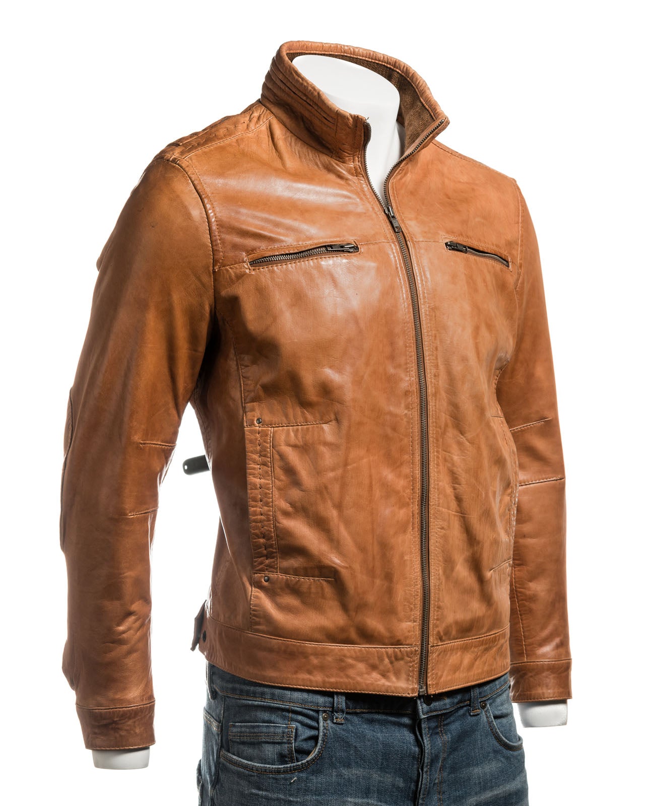 Men's Tan Funnel Neck Leather Jacket