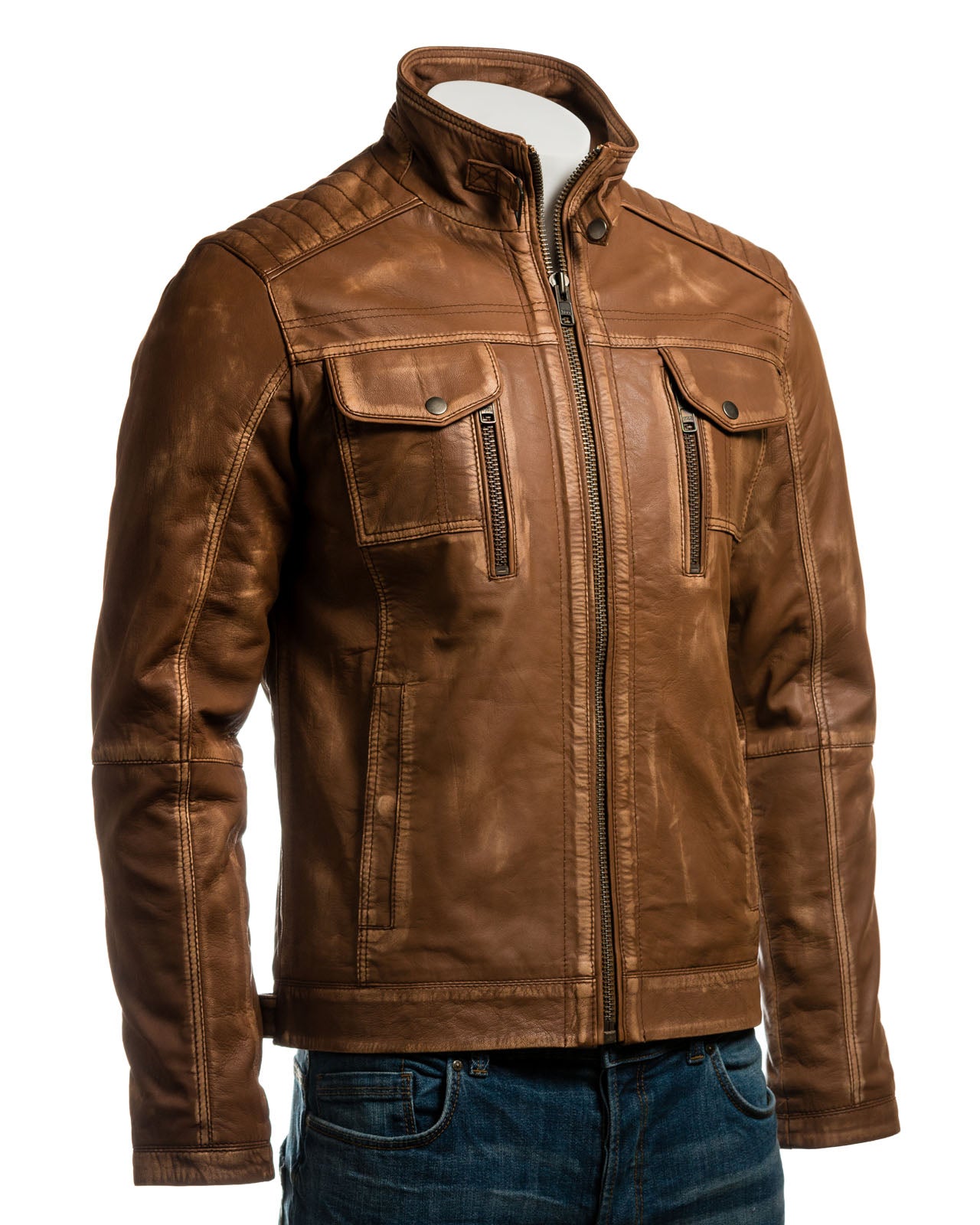 Men's Tan Vintage Biker Style Leather Jacket