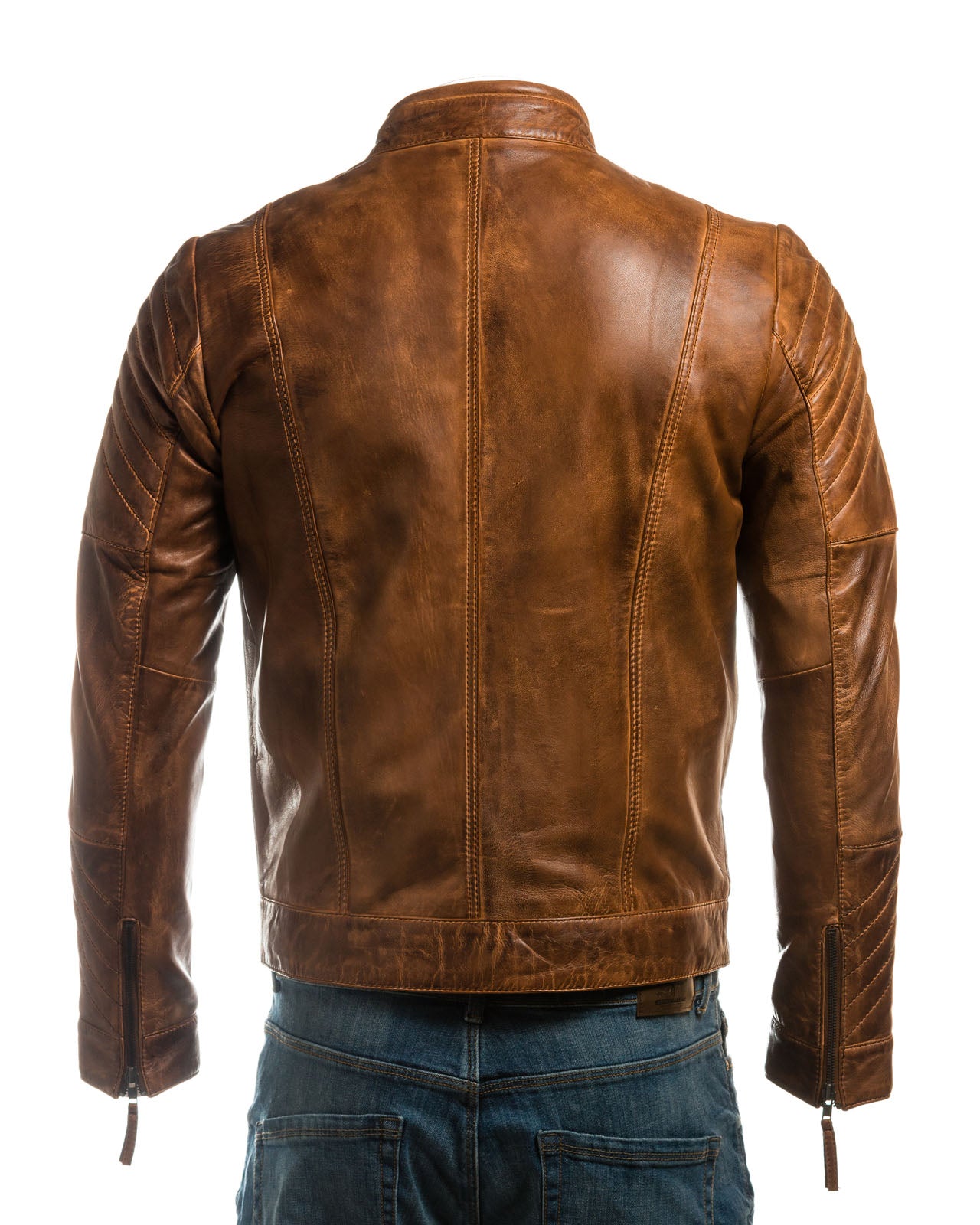 Men's Tan Vintage Biker Style Leather Jacket With Shoulder Detail