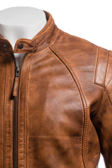 Men's Tan Vintage Biker Style Leather Jacket With Shoulder Detail