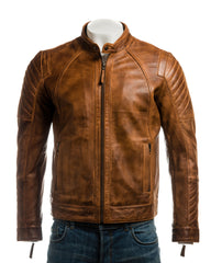 Men's Tan Vintage Biker Style Leather Jacket With Shoulder Detail