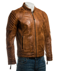 Men's Tan Vintage Biker Style Leather Jacket With Shoulder Detail