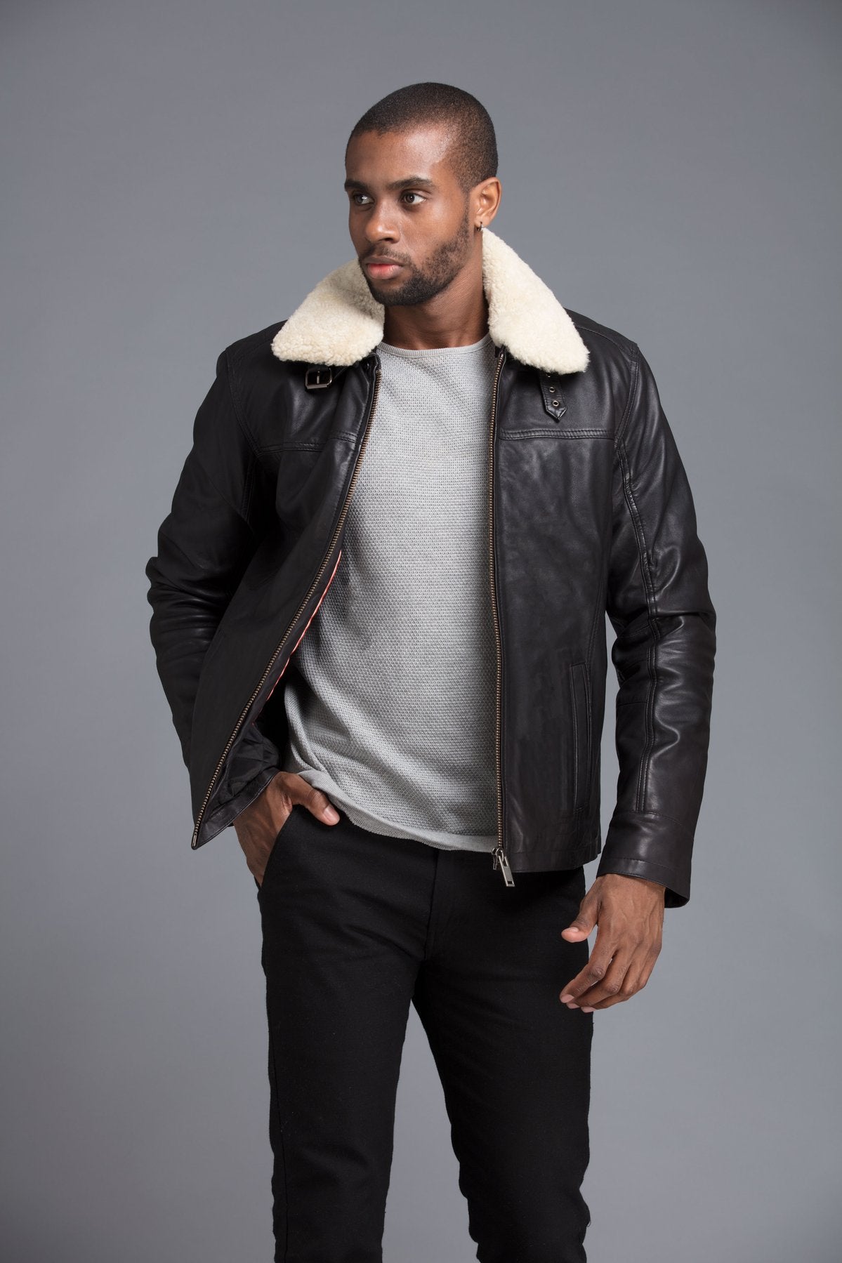 Mens Black Leather Shearling Jacket