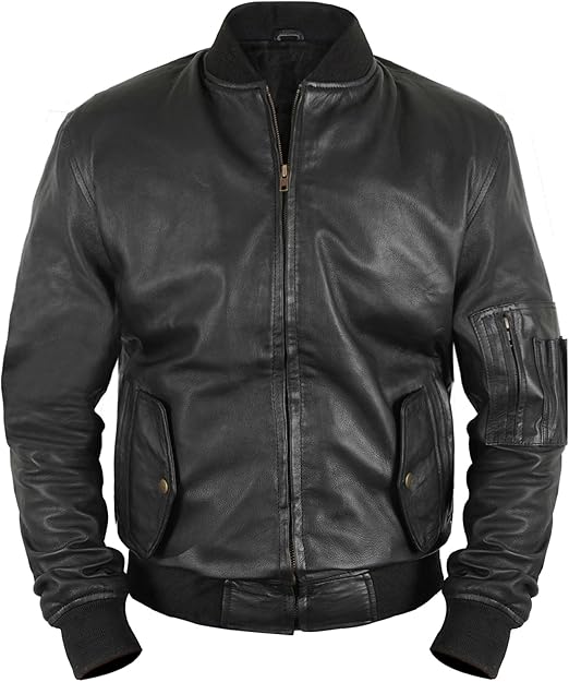 Men's Black MA1 Flight Military Tactical Bomber Leather Jacket