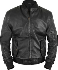 Men's Black MA1 Flight Military Tactical Bomber Leather Jacket