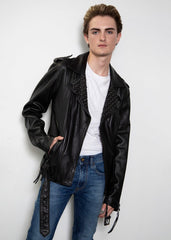 Mens Diablo Studded Saint Laurent Black Motorcycle Leather Jacket