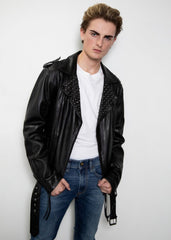 Mens Diablo Studded Saint Laurent Black Motorcycle Real Leather Jacket