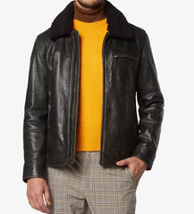 Men's Distressed Aviator Black Leather Jacket