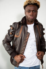 Men's Junkrat Steampunk Brown Real Leather Bomber Jacket 