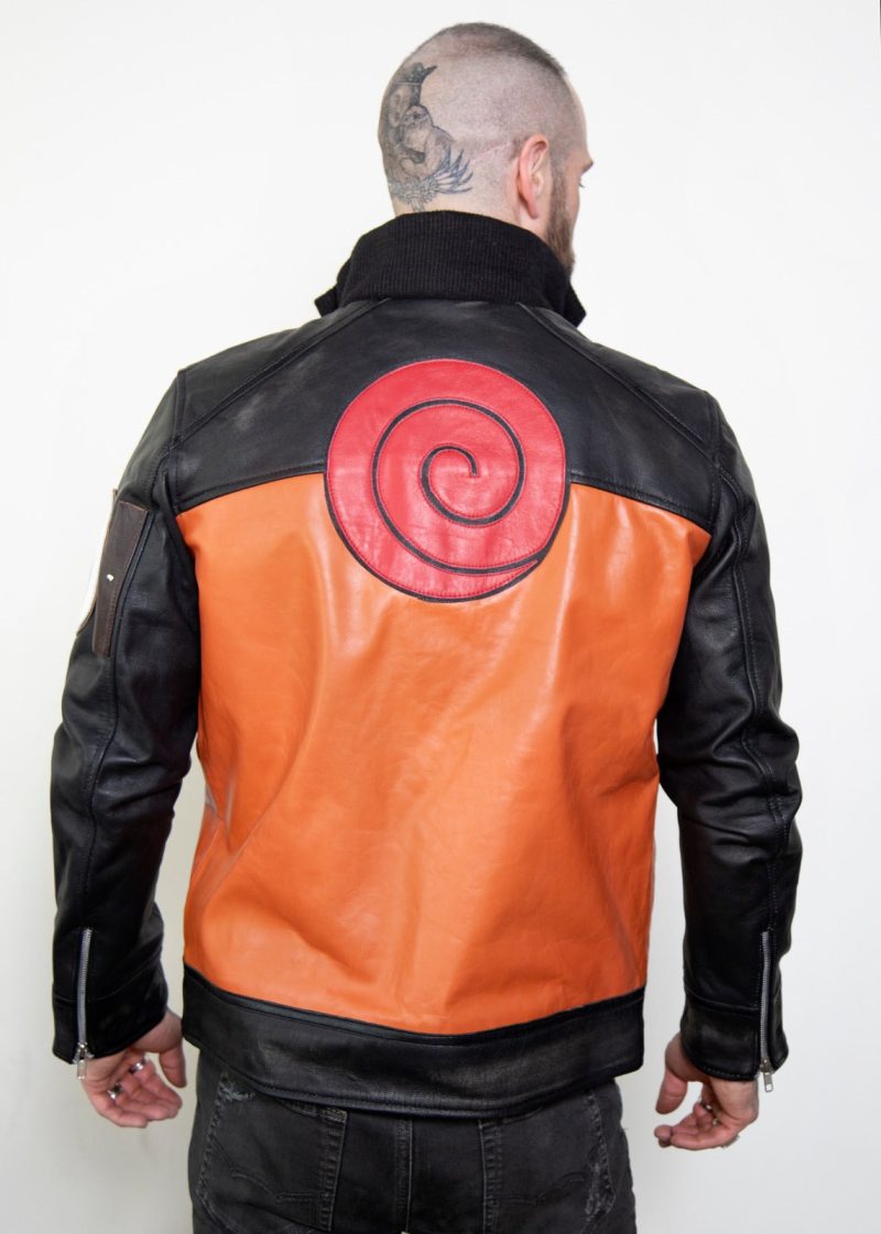 Men's Naruto Shippuden Uzumaki Black And Orange Real Leather Biker Jacket